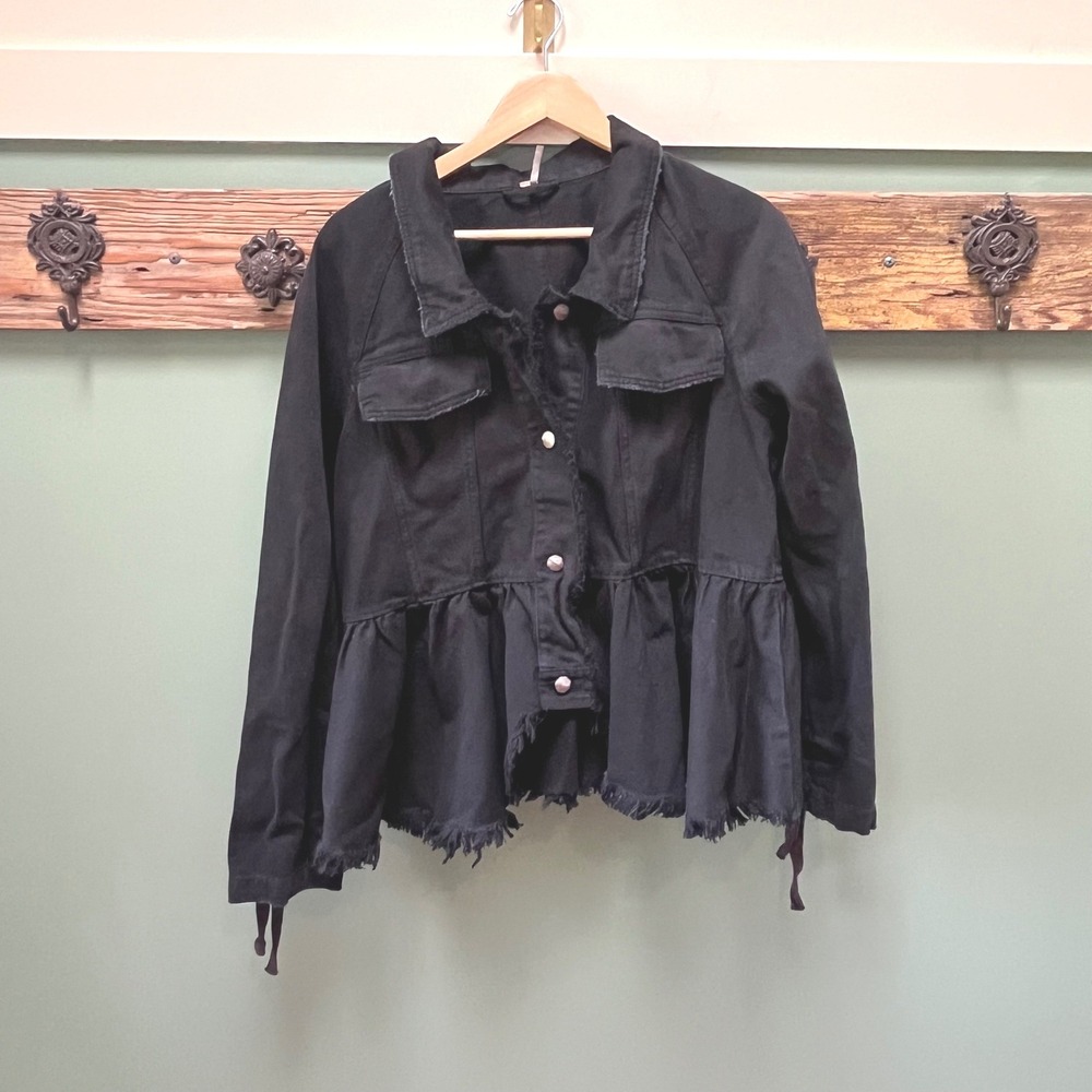 Free People Black Denim Peplum Jacket Frayed Lace Up Sleeve Large OB809897